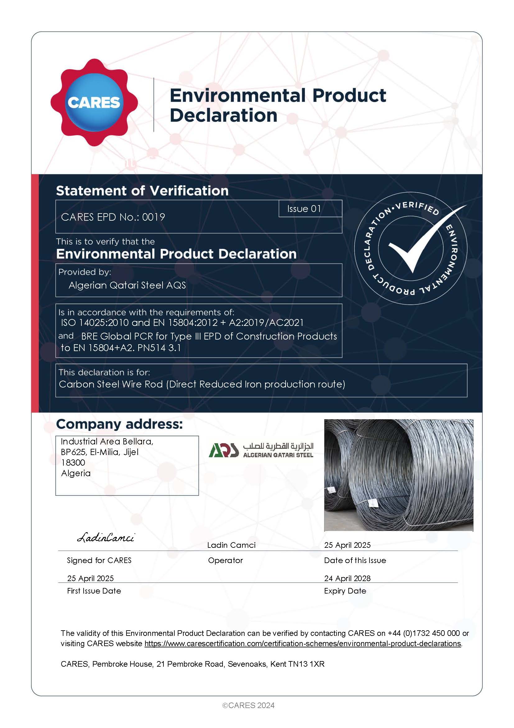 SPA Algerian Qatari Steel AQS EPD